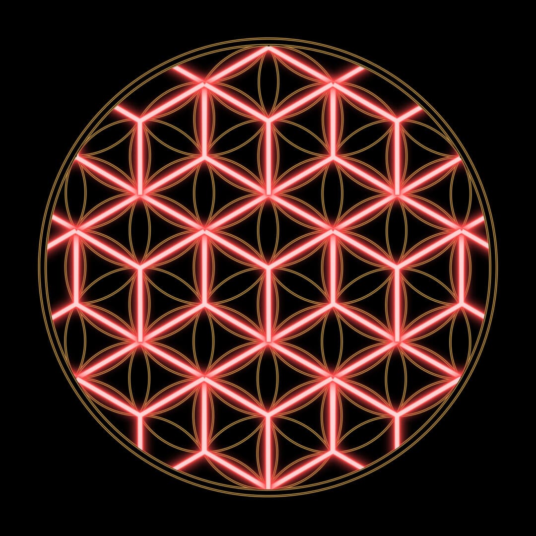 A glowing red flower of life is shown.