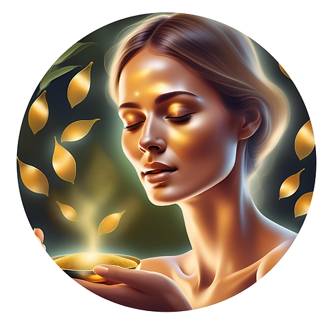 Woman holding bowl with glowing leaves.