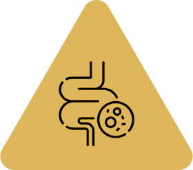 A yellow triangle with an image of a stomach and legs.