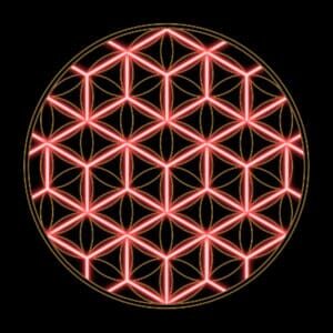 A glowing red flower of life is shown.